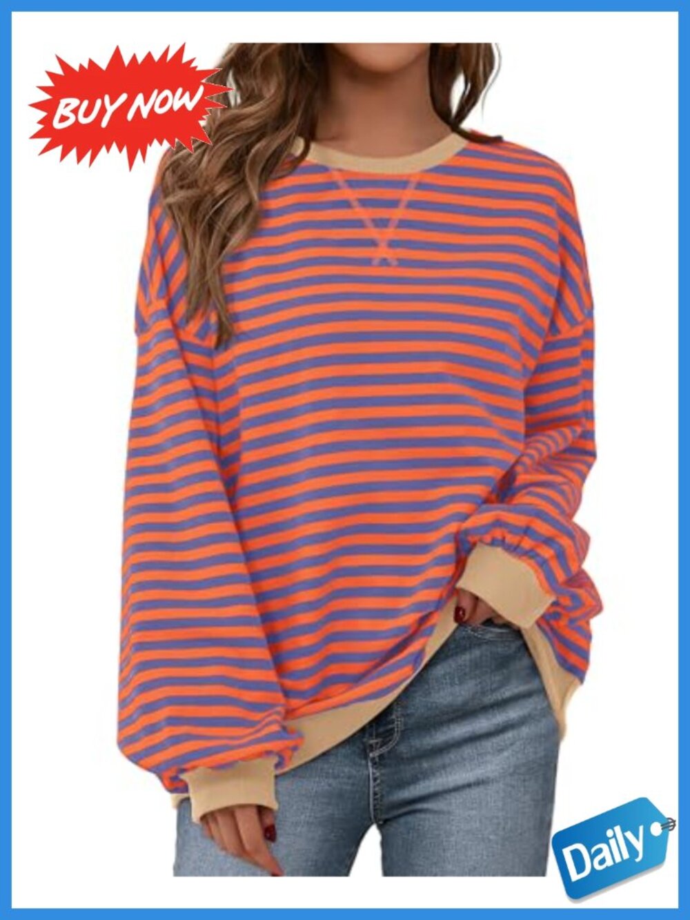 BTFBM Oversized Crewneck Striped Sweatshirt Lantern Sleeve Women's Pullover